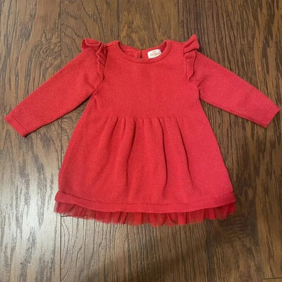 6-9 Months Cat & Jack Red Long Ruffle Sleeve Sweater Dress w Tulle Trim - Picture 1 of 4